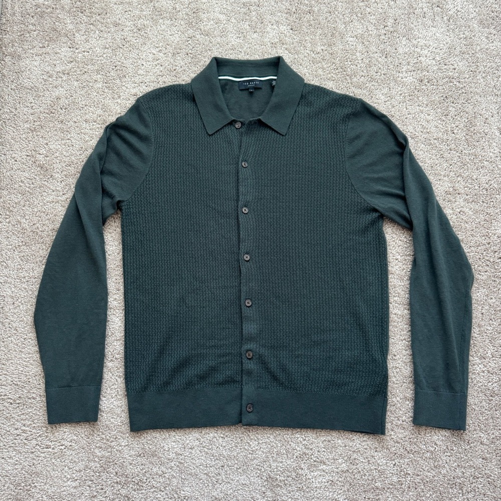 Ted Baker London Oidar Mens Green Textured Knit Button Down Polo Shirt Size 3 M